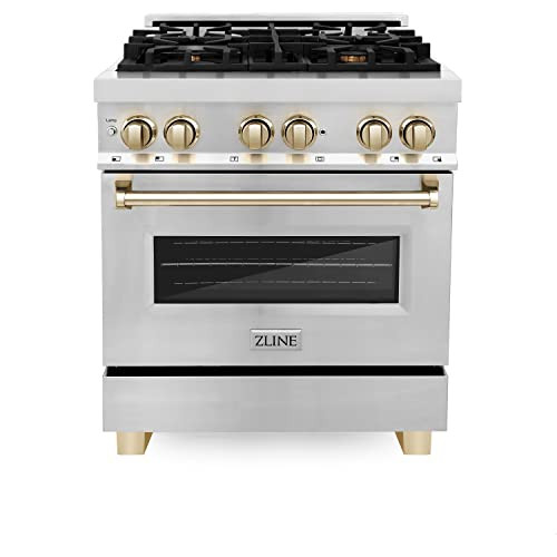 ZLINE Autograph Edition 30 in. 4.0 cu. ft. Legacy Dual Fuel Range with 4 Burner Gas Cooktop and Electric Convection Oven in Stainless Steel and Polished Gold Accents (RAZ-30-G) | Amazon (US)