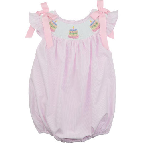 Pink Stripe Smocked Birthday Cake Bow Bubble | Cecil and Lou