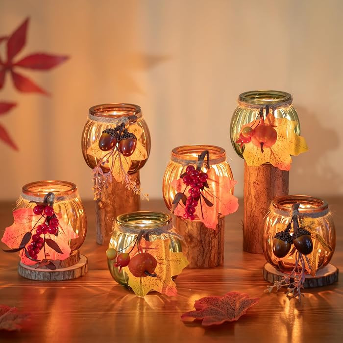 Hewory Glass Pumpkin Votive Candle Holders, Thanksgiving Table Decor, 6PCS | Amazon (US)