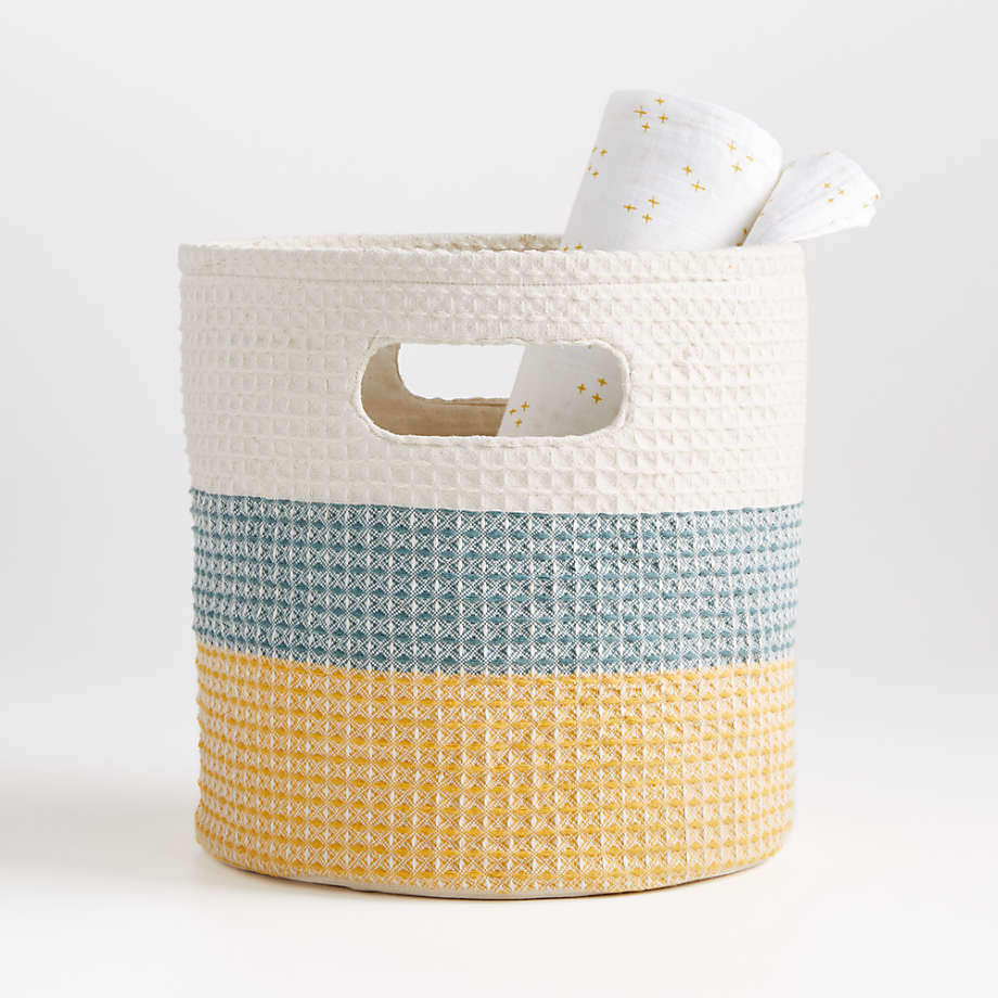 Zyra Grey/Yellow Striped Storage Bin | Crate & Barrel