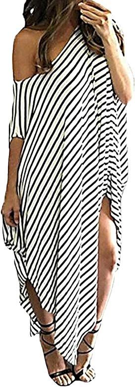 Women Maxi Dress Striped Long Dresses Casual Loose Kaftan Oversized Round Neck Sundress | Amazon (US)