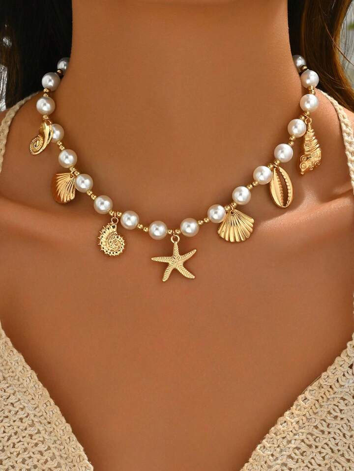 1 Pieza Collar Con Colgante De Perlas Falsas Con Estilo Oceánico, Collar De Mujer De Moda Adecuado Para Uso Diario, Vacaciones En La Playa Y Sesión De Fotos | SHEIN