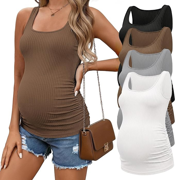 Ekouaer 4 Pack Maternity Tank Tops Ribbed Summer Pregnancy Shirts Ruch Side Tops Casual Square Ne... | Amazon (US)