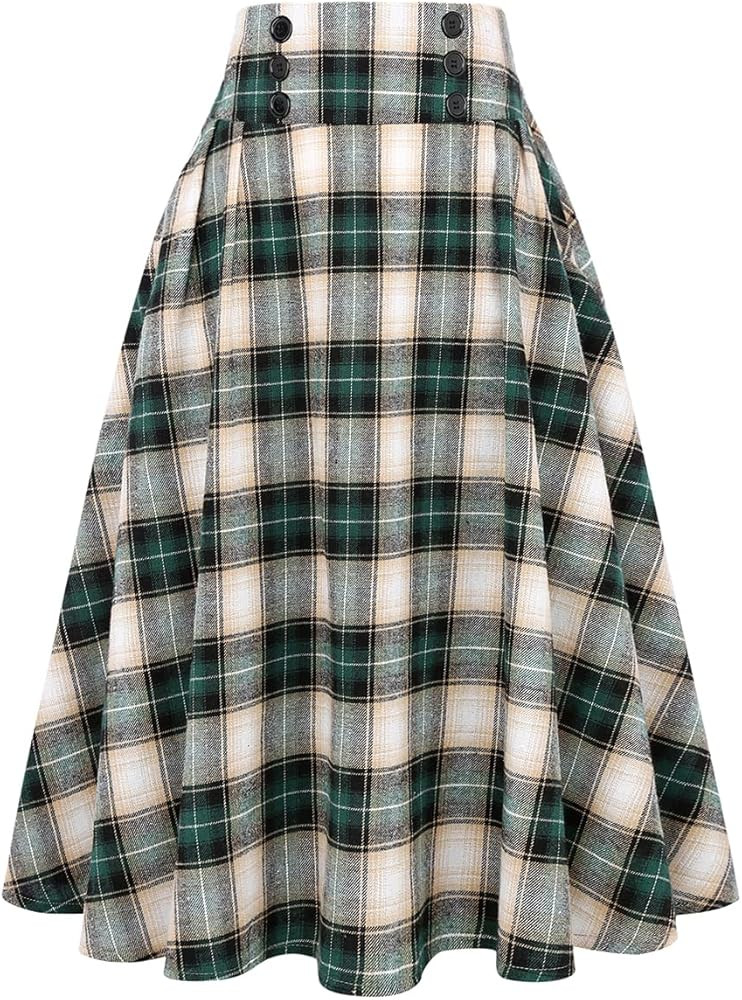 IDEALSANXUN Plaid Skirt for Womens High Waist Aline Pleated Midi Skirts | Amazon (US)