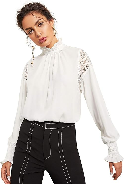 Floerns Women's Long Sleeve Stand Collar Lace Chiffon Blouse Top | Amazon (US)