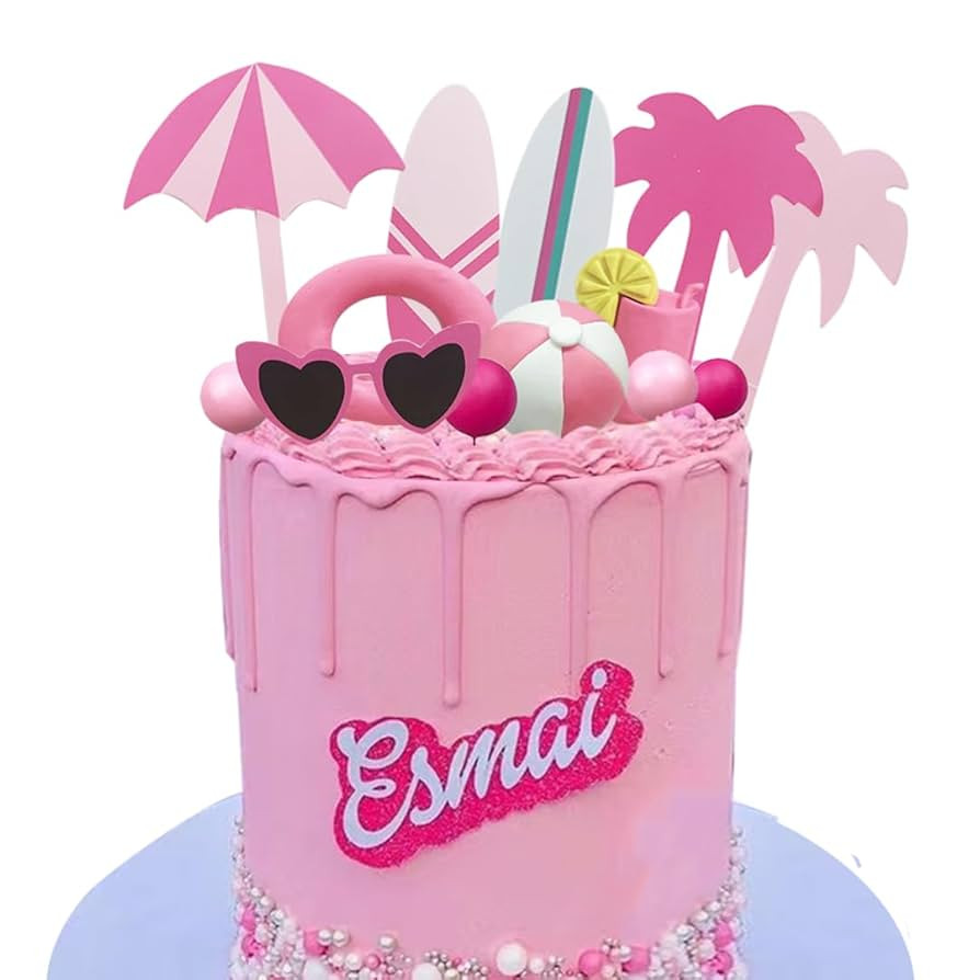 Summer Pink Beach Cake Topper with Beach Ball Swimming Ring Coconut Tree Surfing Board and Sungla... | Amazon (US)