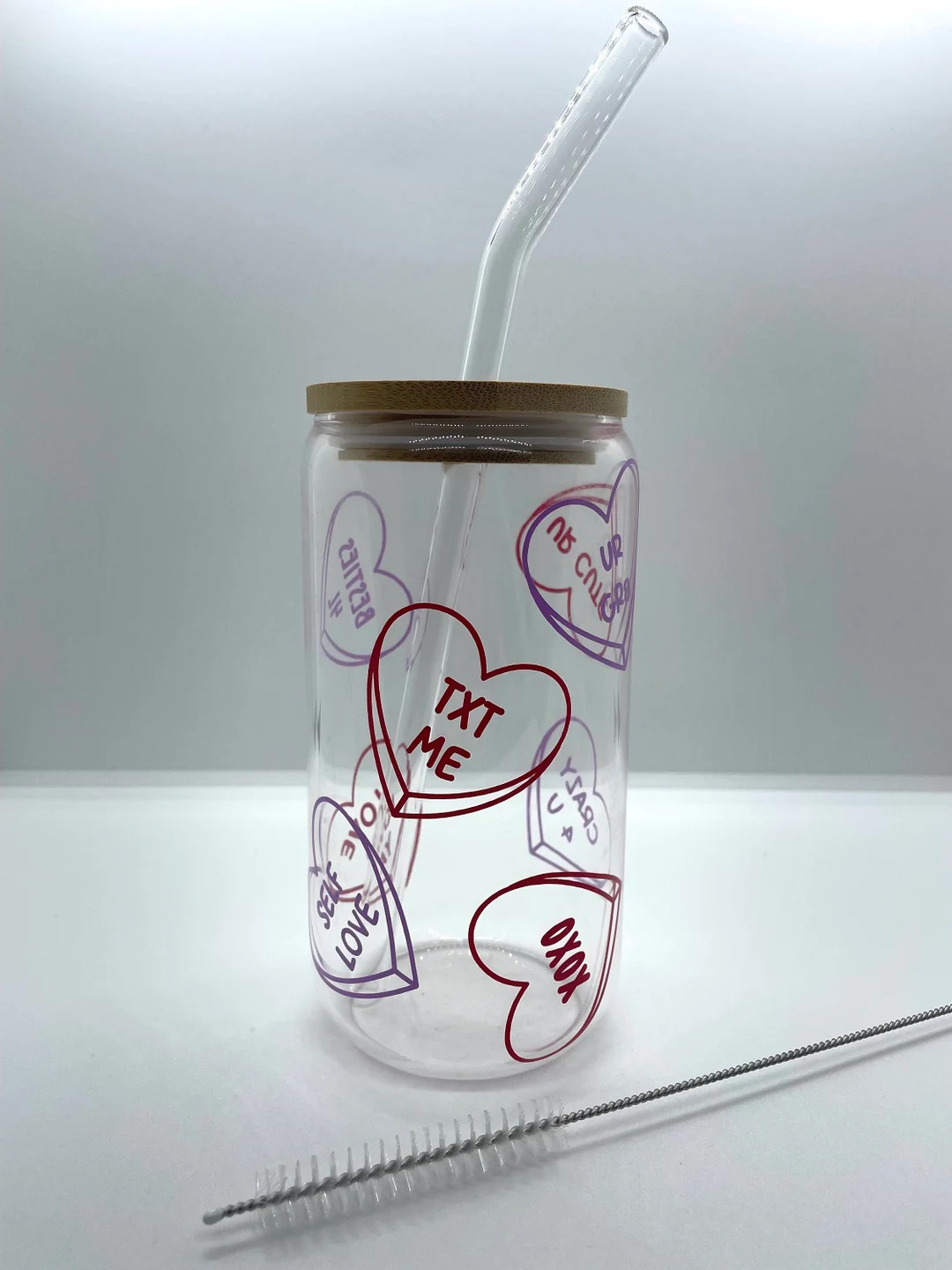 SWEETHEART Cute Valentines Day - Glass Cup - Cup With Lid and Straw - Custom Cup | Etsy (US)