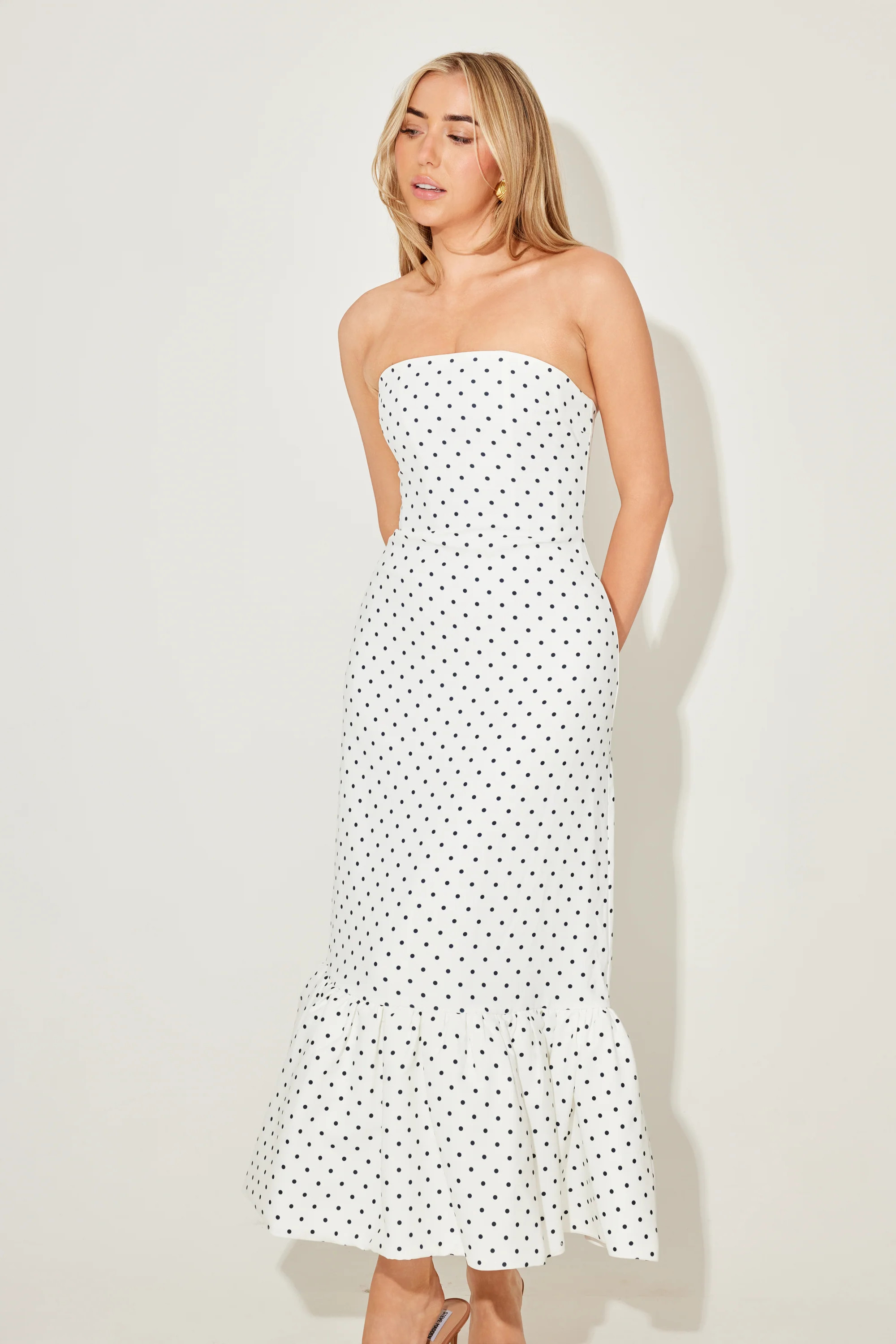 The Ultimate Muse Strapless Peplum Hem Midi Dress | Odd Muse