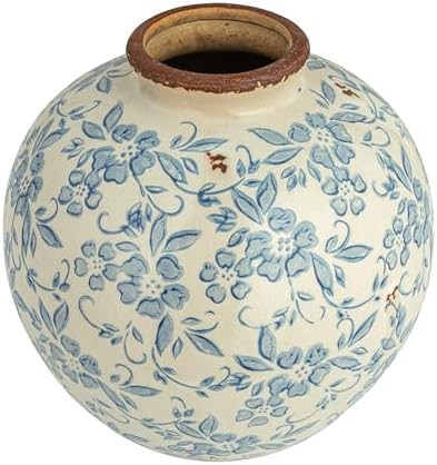 Creative Co-Op DF2720 8" H Terracotta Floral Transferware Pattern & Crackle Finish Vase, Blue | Amazon (US)