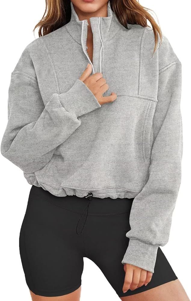 LEEDYA Women's 1/4 Zip Pullover V Neck Long Sleeve Cropped Sweatshirt Lightweight Color Block Top | Amazon (US)