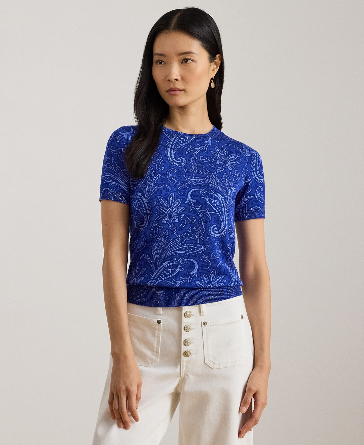 Lauren Ralph Lauren Petite Paisley Short-Sleeve Sweater - Blue Multi | Macy's
