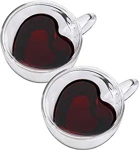 CNGLASS Double Wall Heart Shaped Glass Coffee Mugs 8.5oz,Insulated Clear Tea Cups with Handle,Uni... | Amazon (US)