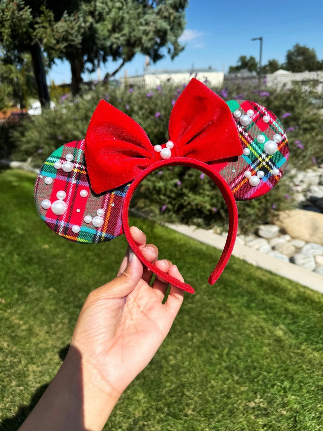 Christmas Plaid Minnie Ear, Plaid Minnie Mouse Ears, Christmas Disney Ear, Pearl Minnie Mouse Ear... | Etsy (US)