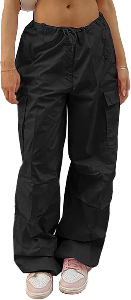 LQI Parachute Pants for Women Y2K Baggy Cargo Pants Drawstring Trousers Low Rise Loose Jogger Swe... | Amazon (US)