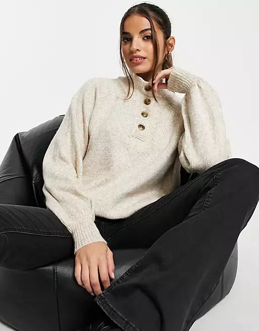 ASOS DESIGN sweater with button placket detail in oatmeal | ASOS (Global)