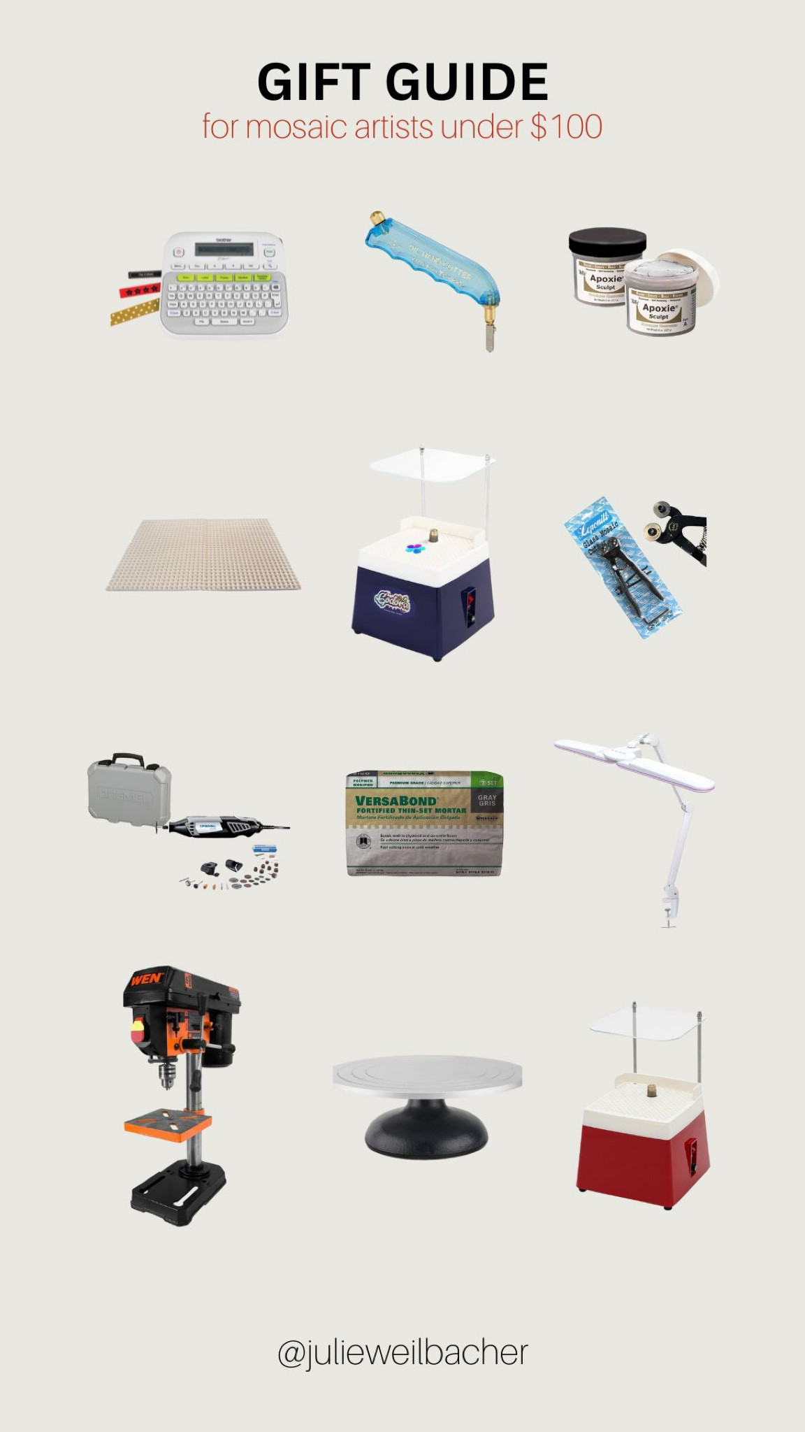 Sharing a gift guide for mosaic artists which includes some *must-haves* and some *would be nice* items, all $100 or less. 🎄 For mosaic tips, tutorials, inspiration, and so much more please visit my YouTube channel: YouTube.com/julieweilbacher. Follow @julieweilbacher on Instagram for all things mosaic art. gifts for crafters - mosaic - stained glass - gift guide - gifts under $100 - label maker - glass grinder - Dremel - table light for crafting - drill press - potter’s wheel - adhesivee

#LTKGiftGuide #LTKFindsUnder100 #LTKHoliday