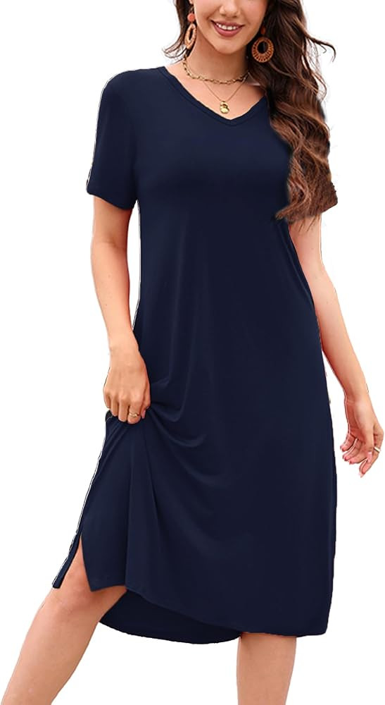 VOBCTY Women Summer T Shirt Dress Casual Soft V Neck Short Sleeve Sundress | Amazon (US)