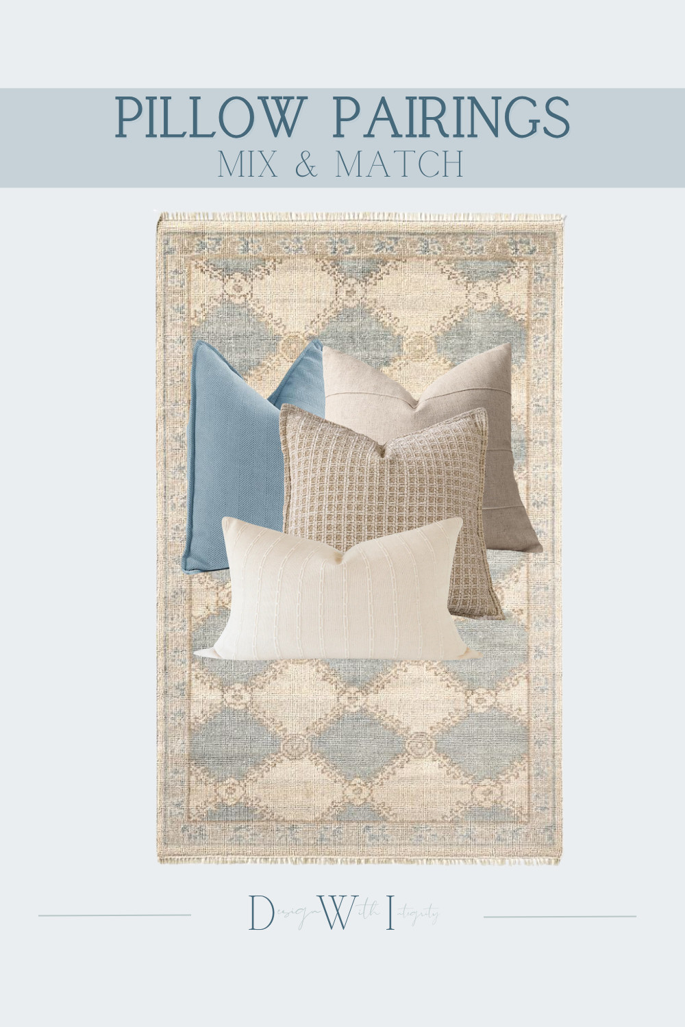 The easiest way to make a pillow combination feel intentional? Let the rug establish the color story.

This pairing pulls directly from the rug’s soft blue, warm ivory and sandy taupe palette, creating a look that feels cohesive without being overly matched. The dusty blue pillow brings out the cooler tones in the rug, while layers of cream and warm beige keep the combination soft and inviting.

What really makes this mix work is the texture. A subtle herringbone, relaxed linen, dimensional woven pattern and delicate stripe each add interest in a different way. Because the palette stays restrained, the textures can do the talking without making the arrangement feel busy.

The result is quiet, layered and timeless with just enough contrast to give the space dimension.

Shop the curated rug and pillow pairing through my LTK to recreate the look.

#PillowPairings #PillowStyling #RugAndPillowPairing #BlueAndNeutralDecor #DesignerDecor #LivingRoomInspiration #InteriorStyling #NeutralHomeDecor 

 #LTKHome