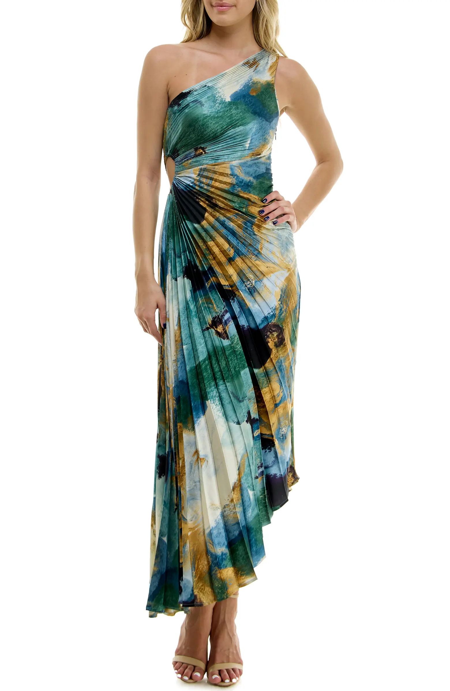 Print Asymmetric Hem Pleated Maxi Dress | Nordstrom