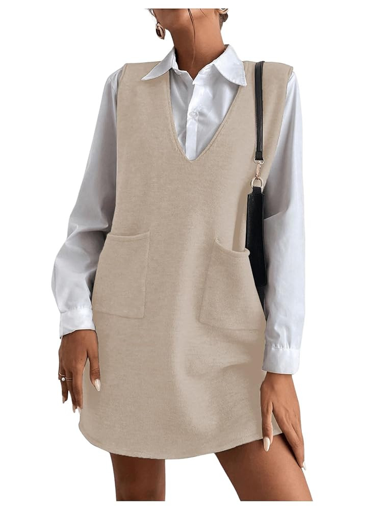 OYOANGLE Women's V Neck Sleeveless Knitted Solid Short Sweater Dress with Pockets | Amazon (US)