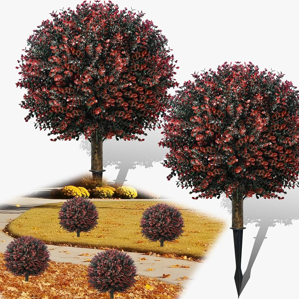 Fall Artificial Boxwood Topiary Ball Tree Bushes with Ground Spike, Set of 2 Outdoor Faux Shrub T... | Amazon (US)