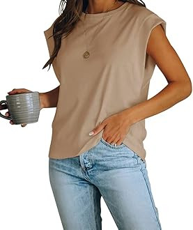 Women's Cap Sleeve Tank Top Crew Neck T Shirts Loose Fit Basic Summer Casual Tee Tops | Amazon (US)
