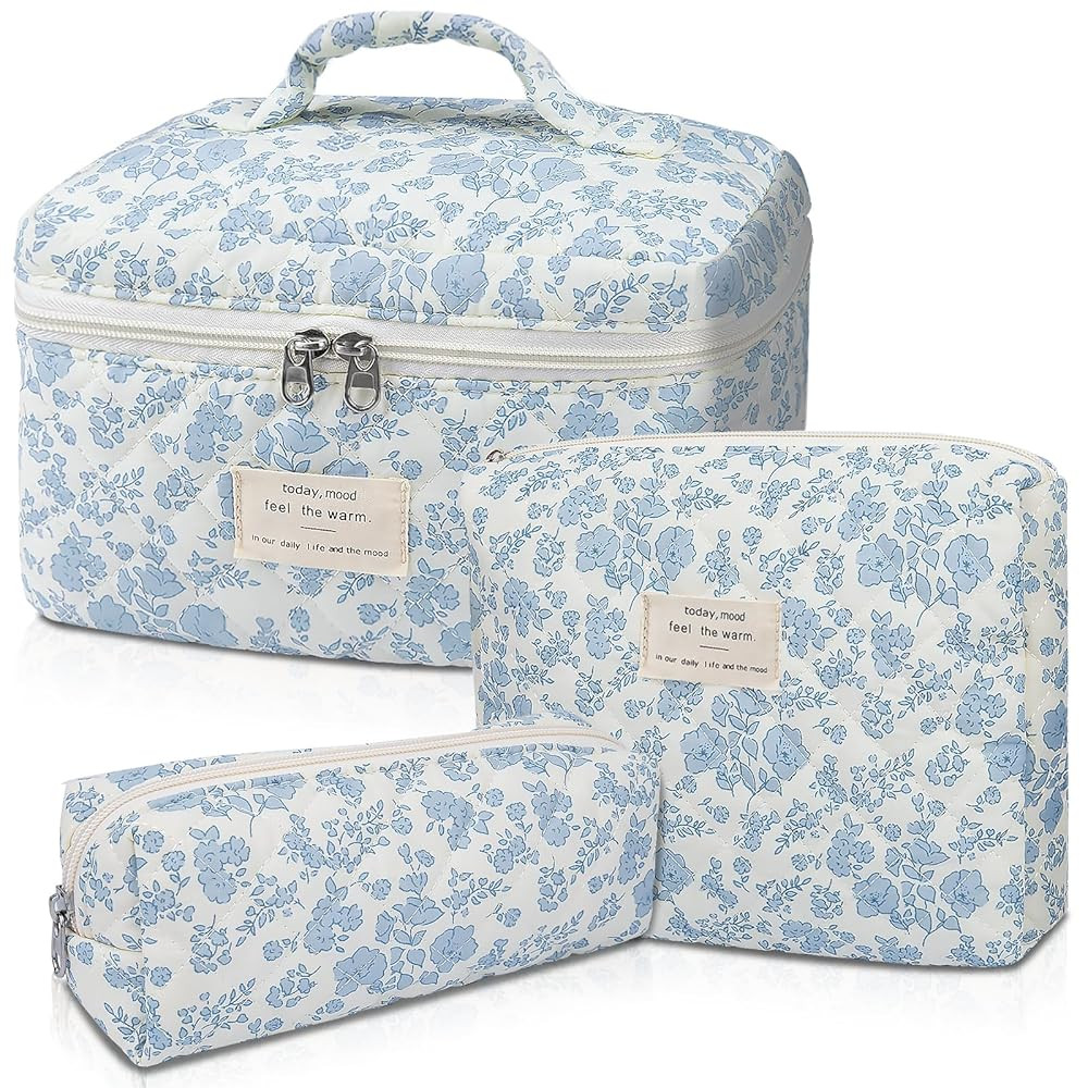 Makeup Bag, Large Quilted Cosmetic Bag, Big Floral Make Up Bag for Women Girls, Cute Cotton Makeu... | Amazon (US)