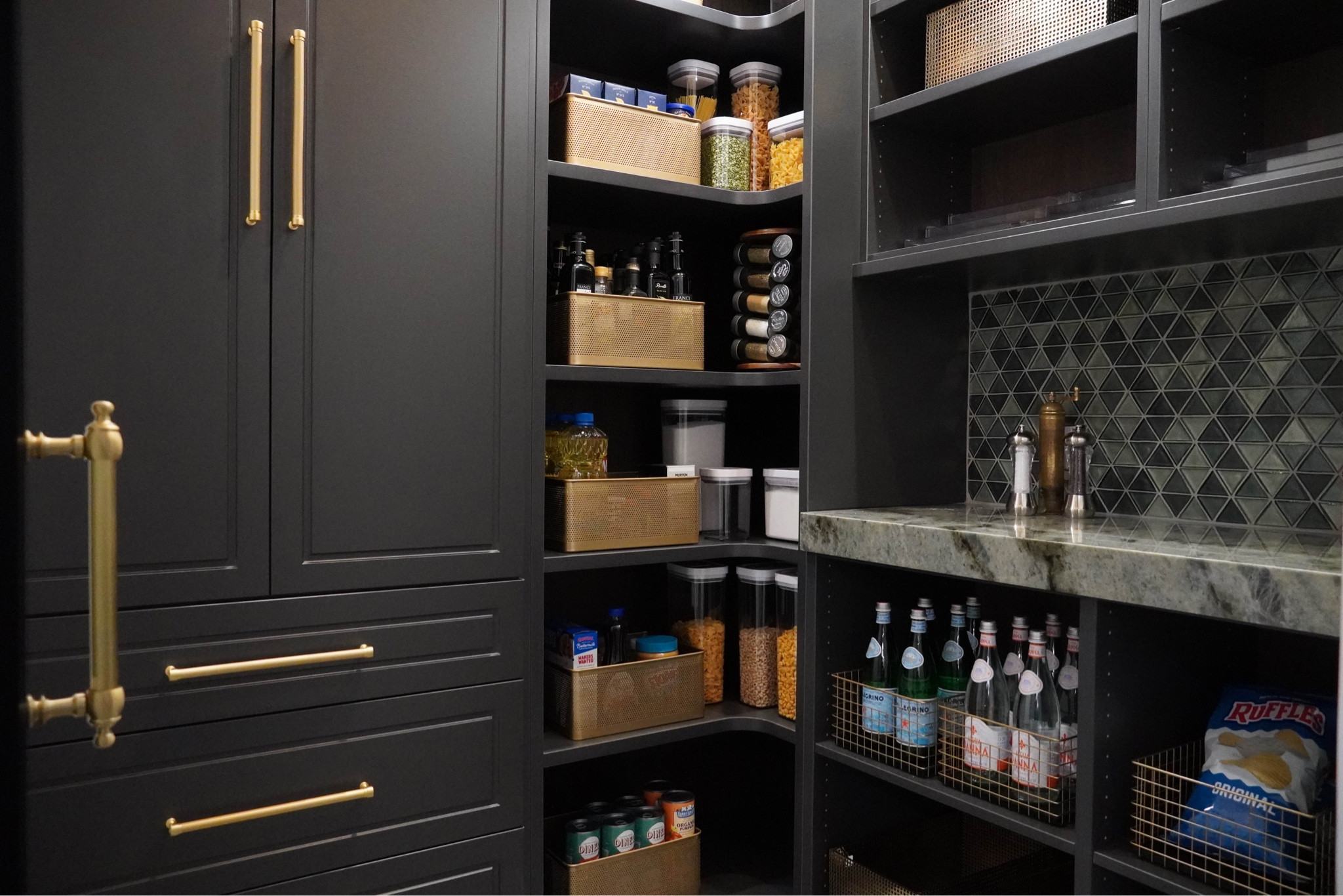 Brass storage baskets and pantry accessories to organize this dark and moody walk in pantry

#LTKhome #LTKunder100 #LTKunder50