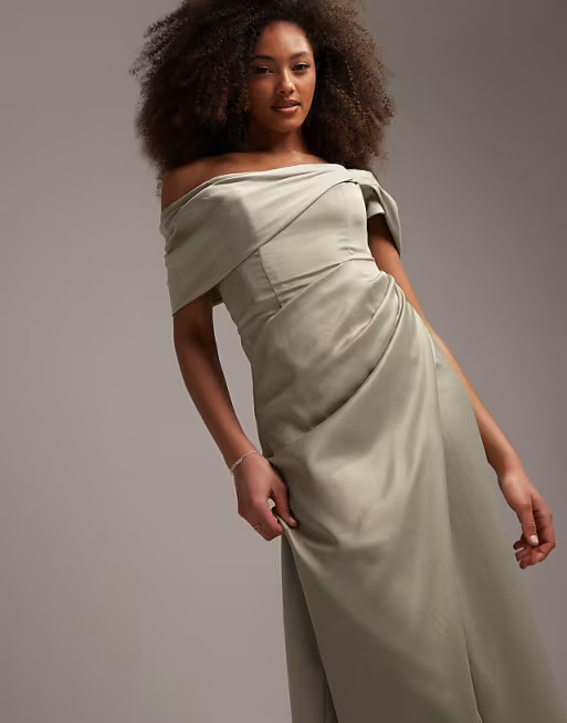 ASOS EDITION satin bardot drape wrap maxi dress in sage green | ASOS (Global)