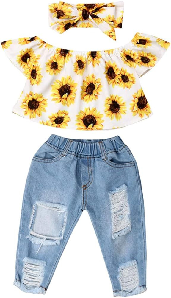3Pcs/Set Toddler Baby Girls Off Shoulder Ruffle Top Blouse + Ripped Hole Jean Denim Pants + Headb... | Amazon (US)