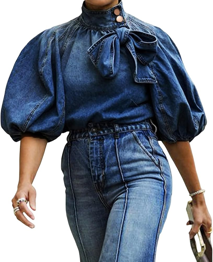 Women's Bow Design Denim Pullover Top Button Up High Neck Fashionable Jacket With Elastic And Puf... | Amazon (US)