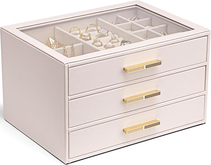 VLANDO Jewelry Box for Women, Glass Lid Jewelry Organizer with 3 Drawers for Necklaces Rings Earr... | Amazon (US)