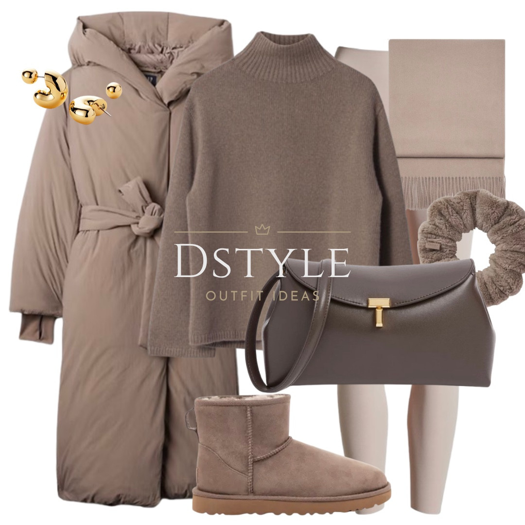 Brown puff coat, brown jacket, mole cashmere-blend sweater, light beige leggings, medium brown scarf, UGG Classic Mini boots

#LTKStyleTip #LTKItBag #LTKTravel