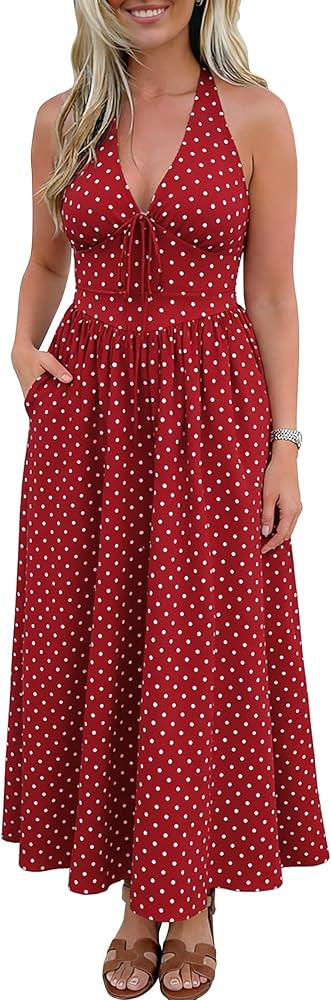 Nitzana Womens Polka Dot Dress 2026 Spring Summer Halter Cocktail Wedding Guest V Neck Maxi Smock... | Amazon (US)