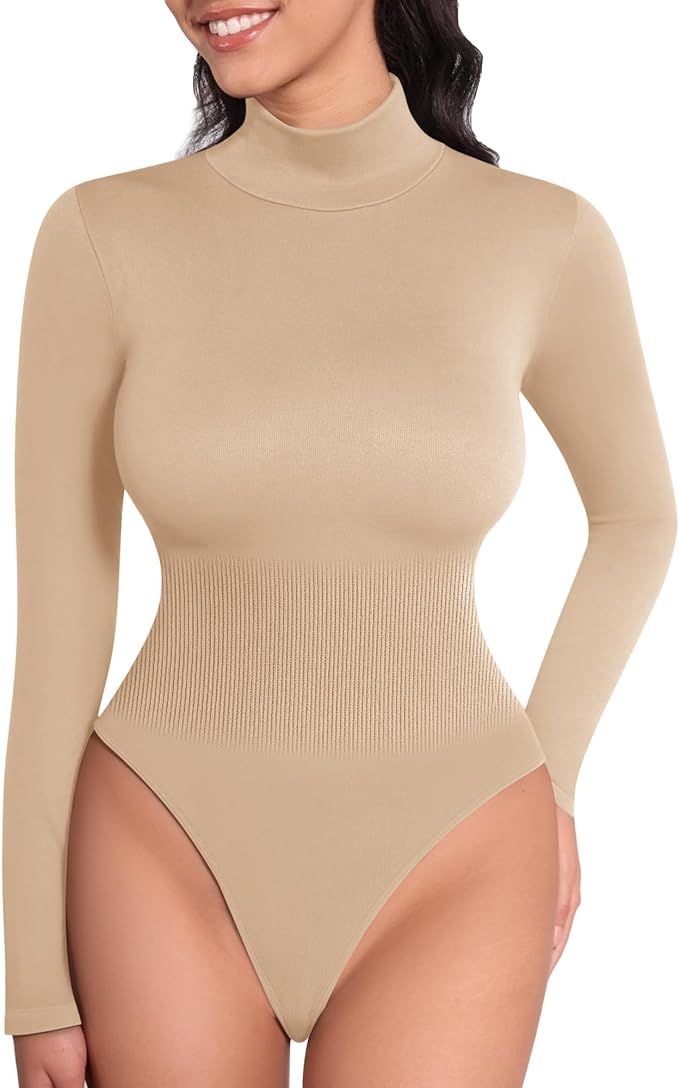 MANGOPOP Mock Turtleneck Short Sleeve Long Sleeve Bodysuit Thong Shapewear Tummy Control Ribbed S... | Amazon (US)