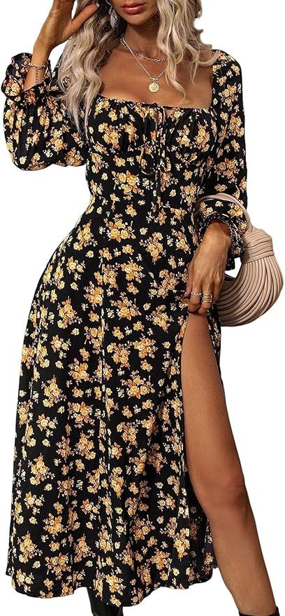 BLENCOT Women's Floral Print Puff Long Sleeve Maxi Dress Sexy Square Neck Tie Front Ruffle Hem Sp... | Amazon (US)