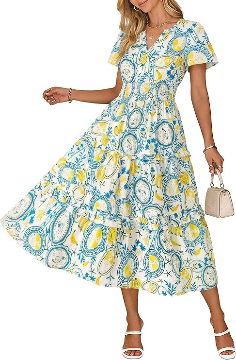Wenrine Womens Summer Short Sleeve Maxi Dresses Casual Floral V Neck Smocked Tiered Flowy Boho Be... | Amazon (US)