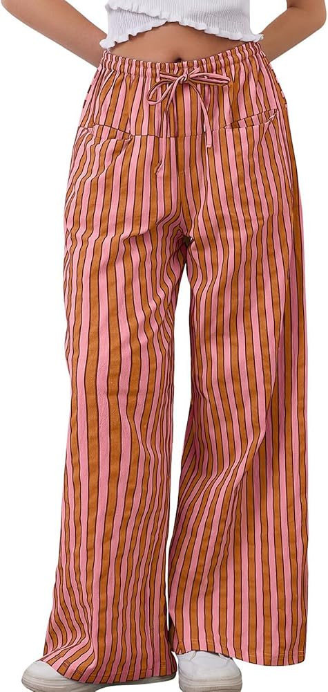 Kissonic Women Striped Pants Casual Drawstring Wide Leg Trousers Loose Lounge Pajama Pants with P... | Amazon (US)