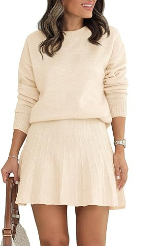 Tankaneo Womens Skirt 2 Piece Sweater Set Long Sleeve Crewneck Sweaters Pleated Mini Skirt Knit L... | Amazon (US)