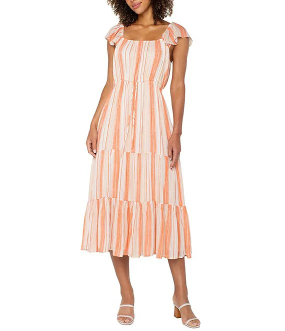 Woven Stripe Square Neck Cap Sleeve Cinched Waist Tiered Midi Dress | Dillard's