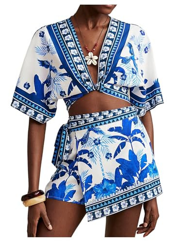 Floerns Women's 2 Piece Beach Vacation Outfit Tropical Crop Tops and Tie Side Skorts Set Blue Medium | Amazon (US)