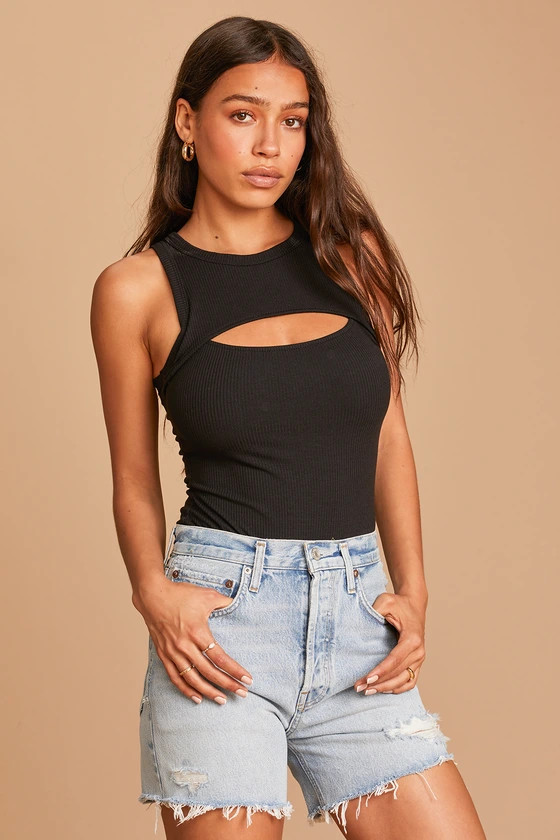 Flirtatious Black Ribbed Sleeveless Cutout Bodysuit | Lulus (US)