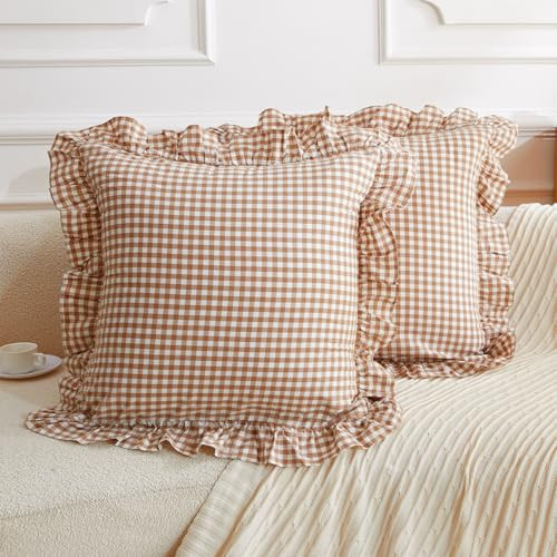 Taupe and White Plaid Euro Pillow Shams Ruffle Pillowcases Set of 2, Checkered Pillow Cover Washed Cotton Gingham Pillow Covers - 26"x26",Taupe/White Plaid | Amazon (US)