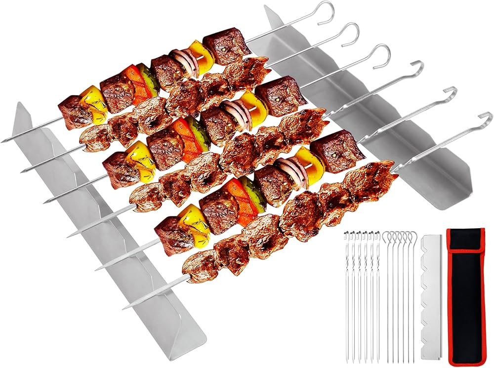 KEYIDO® BBQ Skewer Rack Set, 2 Kebab Racks and 12 Barbecue Skewers, Stainless Steel Meat Skewers... | Amazon (UK)