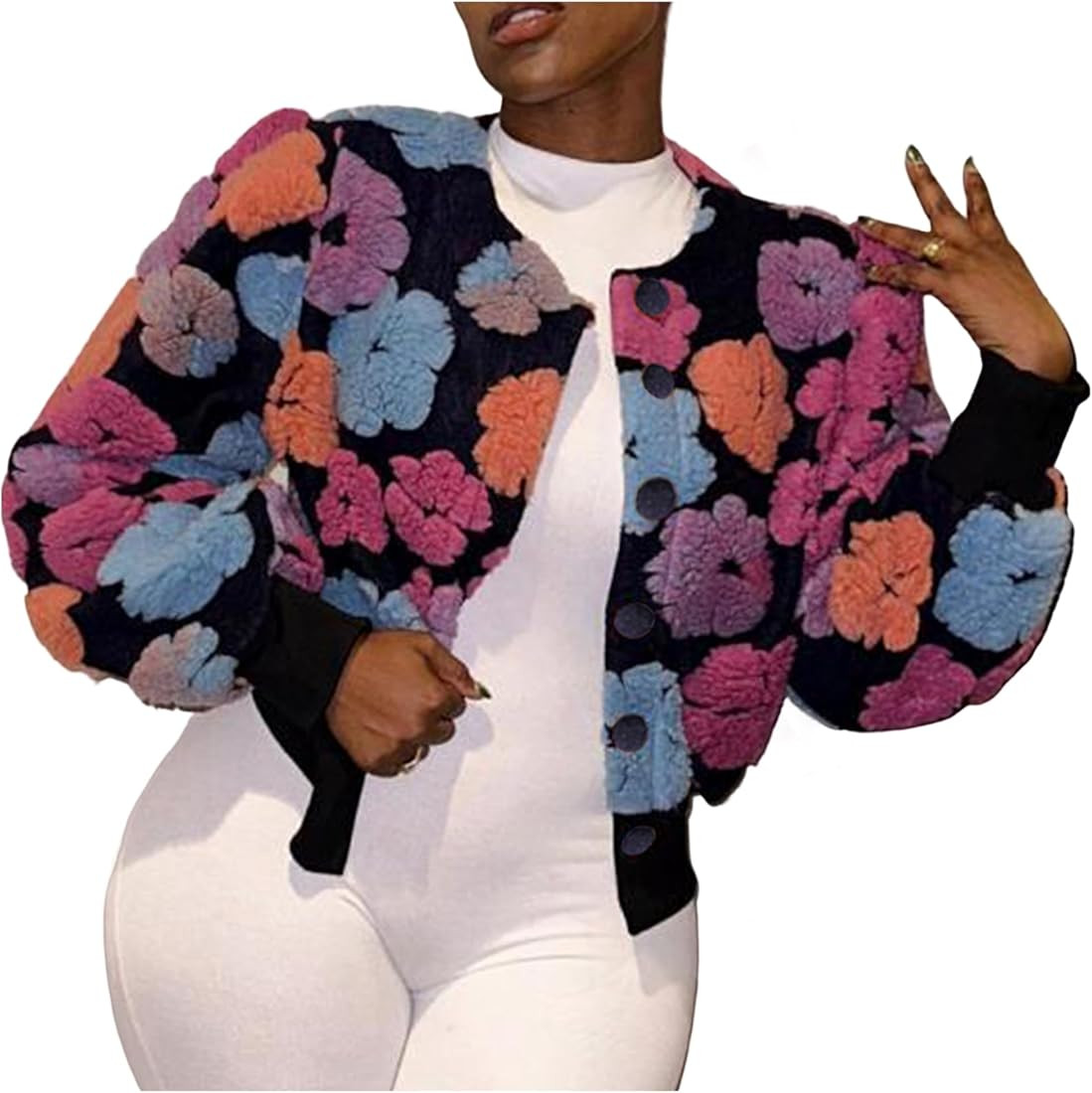 Women's Cropped Floral Print Jacket Long Sleeve Fleece Warm Bomber Jacket Lightweight Button Down... | Amazon (US)