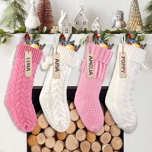 Teeanzo 4Pack 18 Inches Christmas Knitted Hanging Stockings,Xmas Pink Large Farmhouse Rustic Neutral Cable Knit Personal Stockings Decorations for Christmas Tree Fireplace Family Holiday Party Decor | Amazon (US)