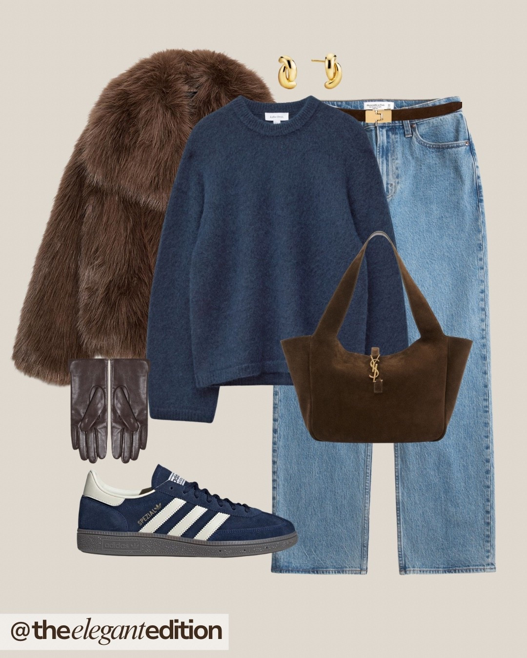 BROWN & NAVY WINTER LUXE 🤎💙
brown faux fur coat teddy oversized cozy navy blue knit sweater light wash straight jeans denim brown belt leather Adidas Spezial sneakers navy white brown suede hobo bag YSL tote gold earrings hoop brown leather gloves fashion autumn winter casual chic luxe sporty elegant

#LTKeurope #LTKstyletip #LTKshoes

#LTKeurope #LTKstyletip #LTKwinter