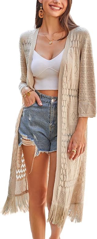 GRACE KARIN Womens Knit Cardigan Crochet Hollow Out Tassel Boho Kimonos Cardigan 2024 Open Front ... | Amazon (US)