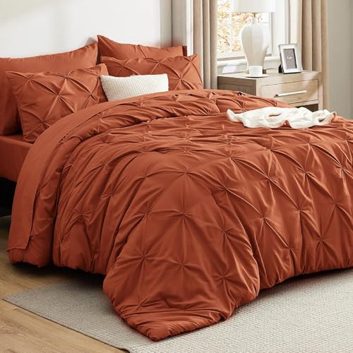 Bedsure King Size Comforter Set Burnt Orange - Bed in a Bag King Size 7 Pieces, GentleSoft™ Pintuck Bed Set Gift for Family, Pinch Pleat Burnt Orange Comforter with Sheets, Pillowcases & Shams | Amazon (US)