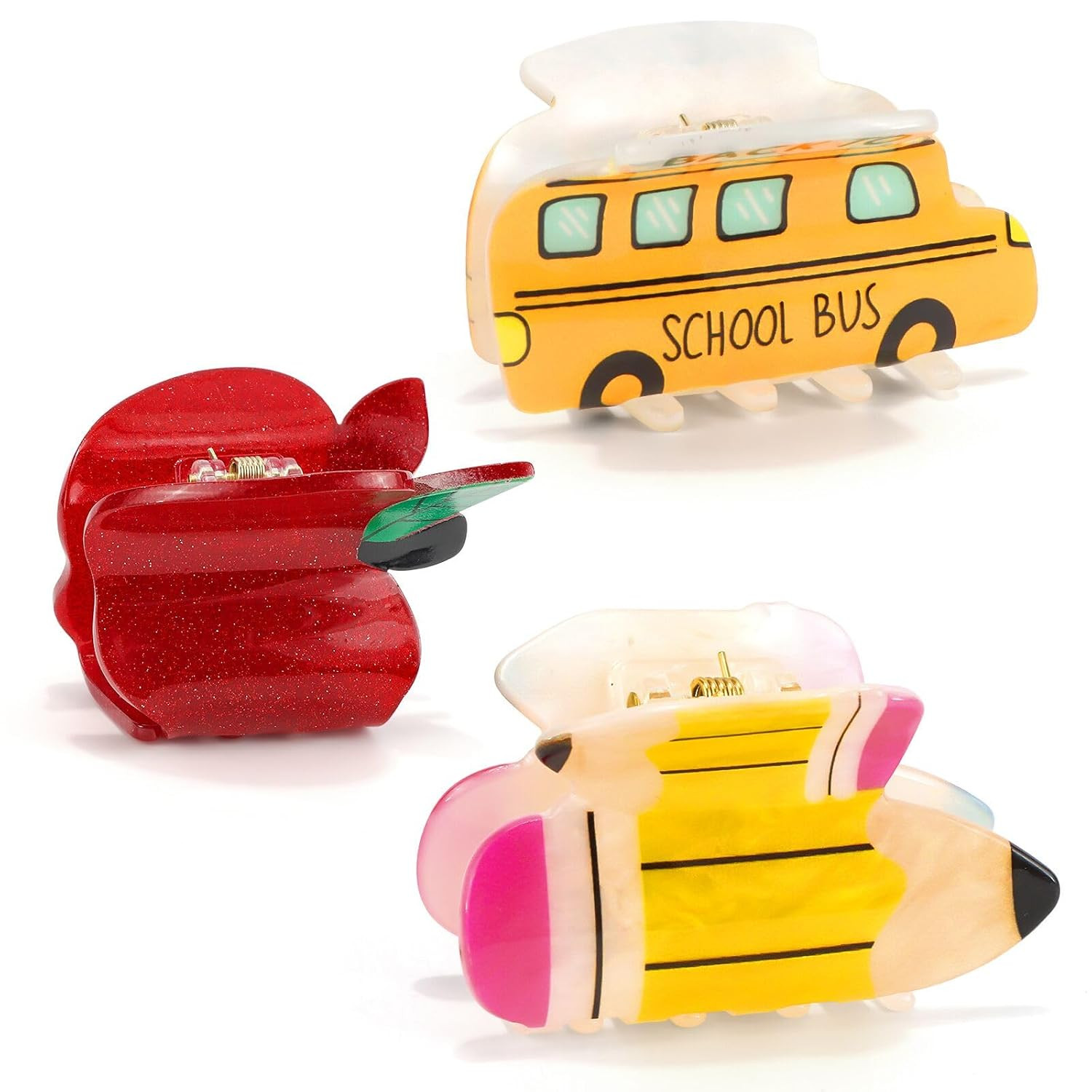 Vovii 3Pcs Pencil School Bus and Apple Claw Clips for Back to School, Cute Unique Teacher Hair Clips for Funny Teacher Accessories Appreciation Gift | Amazon (US)